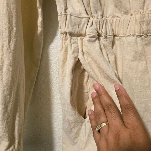LPA Karolina Linen Blend Coverall Utility Long Sleeve Romper Oatmeal Beige Sz M - Picture 9 of 10